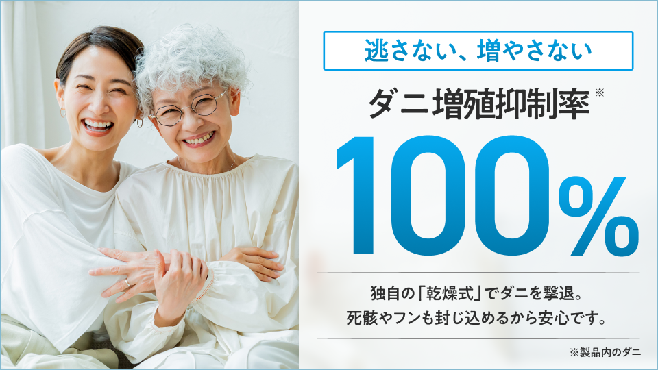 逃さない、増やさない ダニ増殖抑制率※ 100%　※製品内のダニ