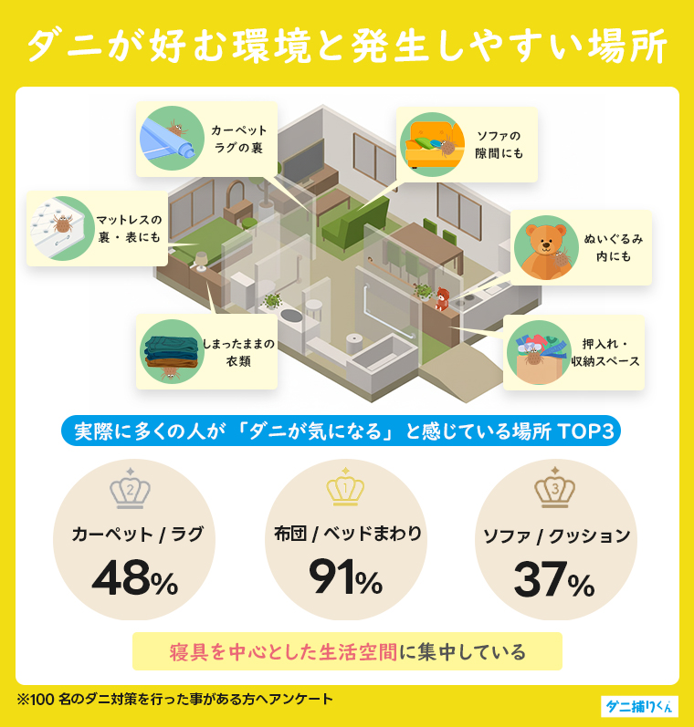ダニが好む環境と発生しやすい場所【布製品・湿気・温度に注意】