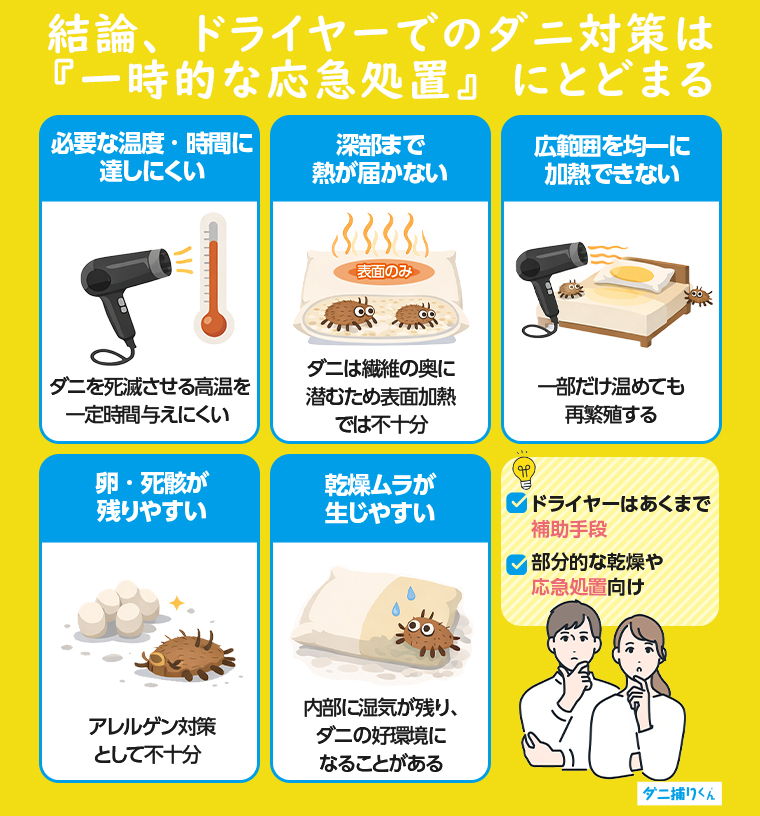 結論、ドライヤーでのダニ対策は「一時的な応急処置」にとどまる
