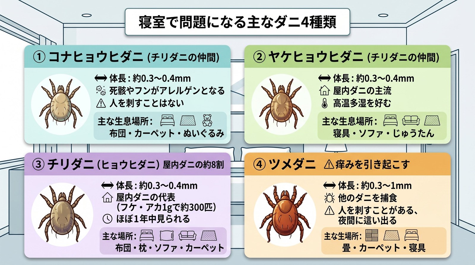コナヒョウヒダニ・ヤケヒョウヒダニ・チリダニ・ツメダニの比較イラスト