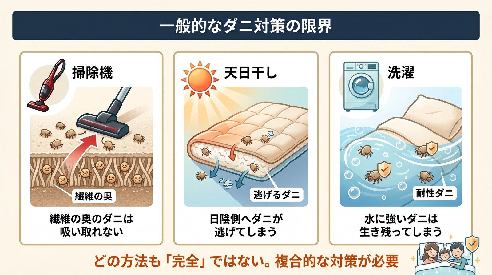 掃除機・天日干し・洗濯のダニ対策効果を比較した図