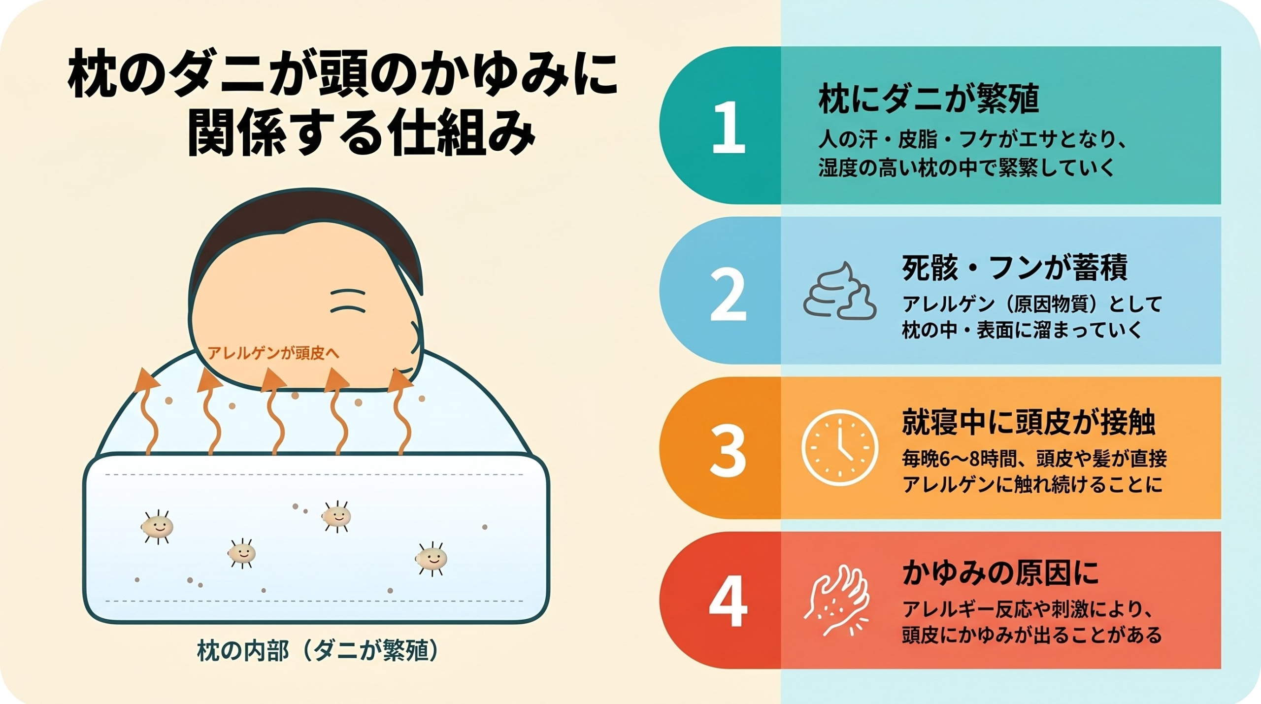 寝具に多く生息する代表的なダニの種類（コナヒョウヒダニ・ヤケヒョウヒダニ・ツメダニ）