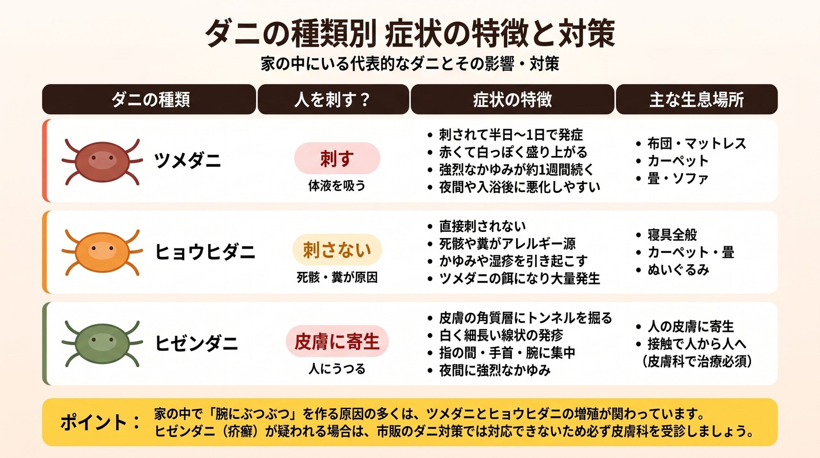 室内に生息する代表的なダニ（ツメダニ・ヒョウヒダニ・ヒゼンダニ）の症状の特徴と生息場所をまとめた比較表
