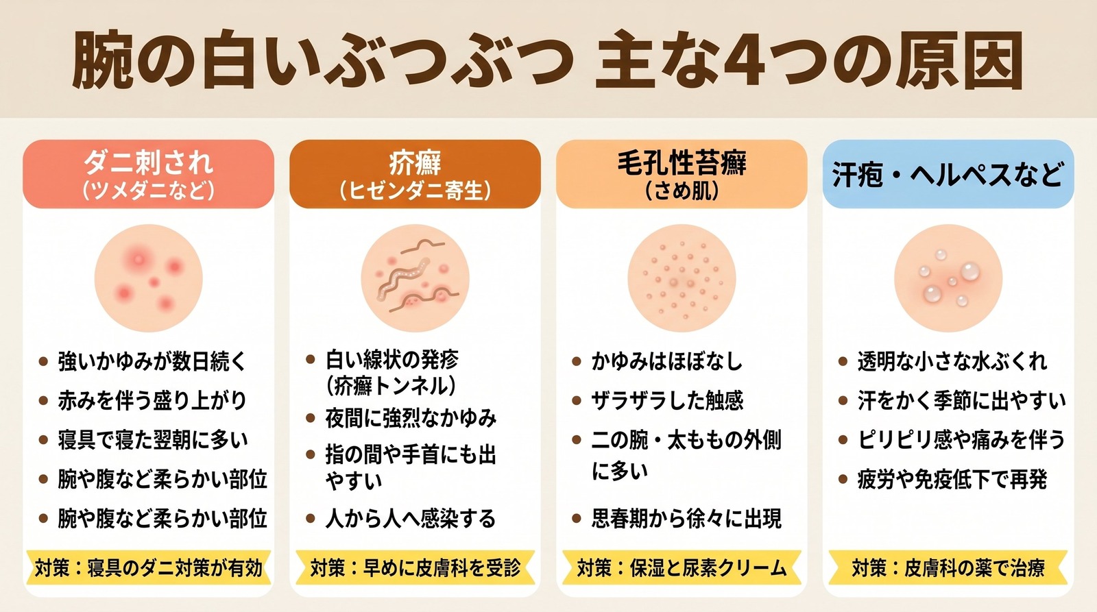 腕にできる白いぶつぶつの主な4つの原因（ダニ刺され・疥癬・毛孔性苔癬・汗疱やヘルペス）を比較した図解