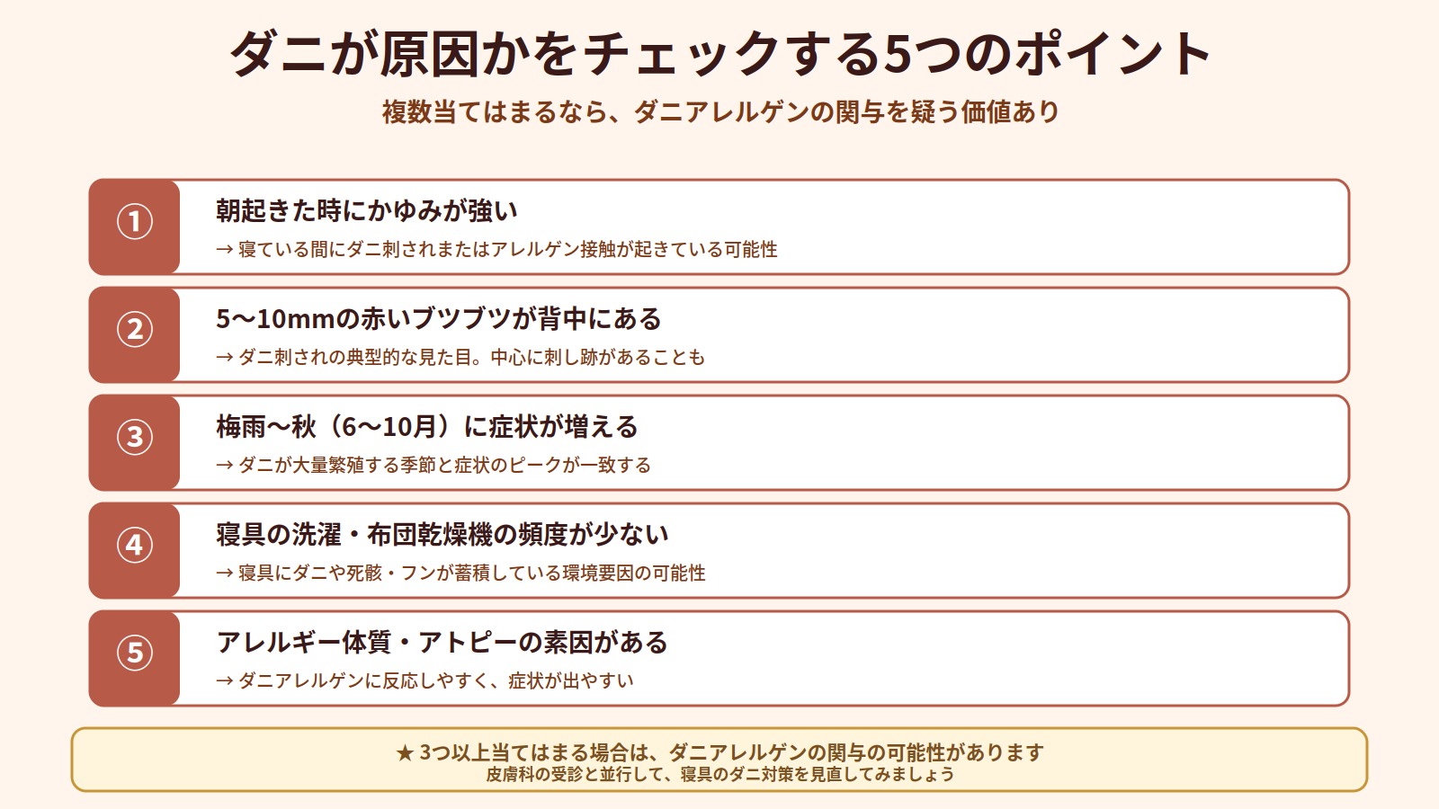 背中のかゆみの原因がダニかをチェックする5つのポイント（朝強い・赤いブツブツ・梅雨〜秋に増加・寝具洗濯不足・アレルギー体質）を解説した図解