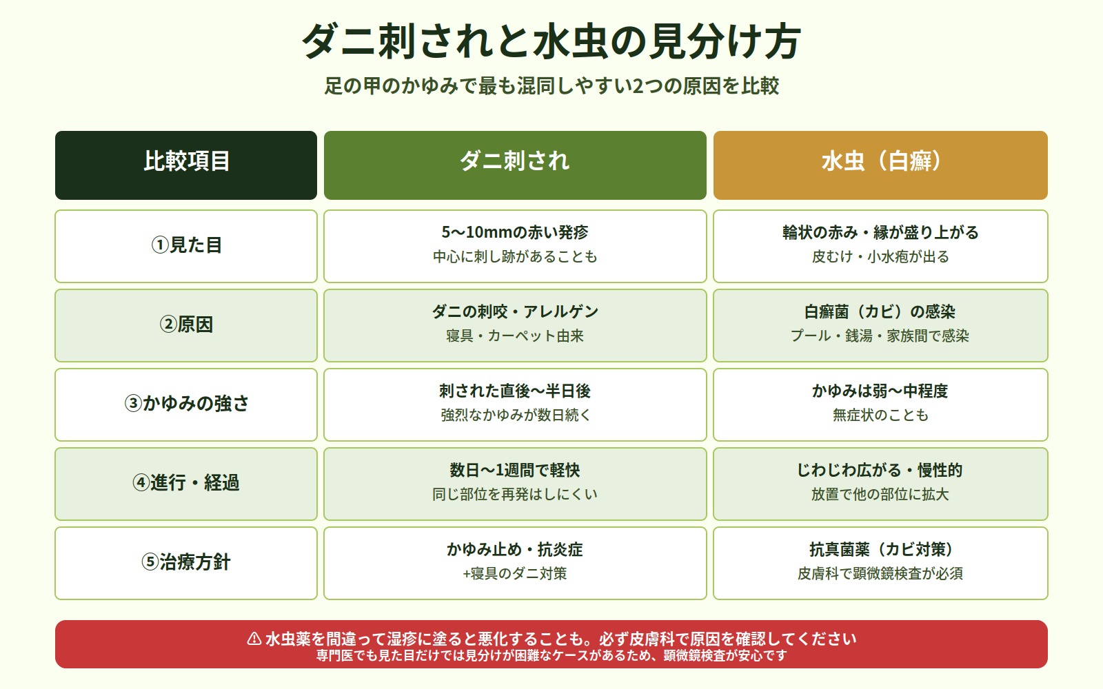 ダニ刺されと水虫の見分け方を5つの観点（見た目・原因・かゆみ・進行・治療）で比較した詳細な図解