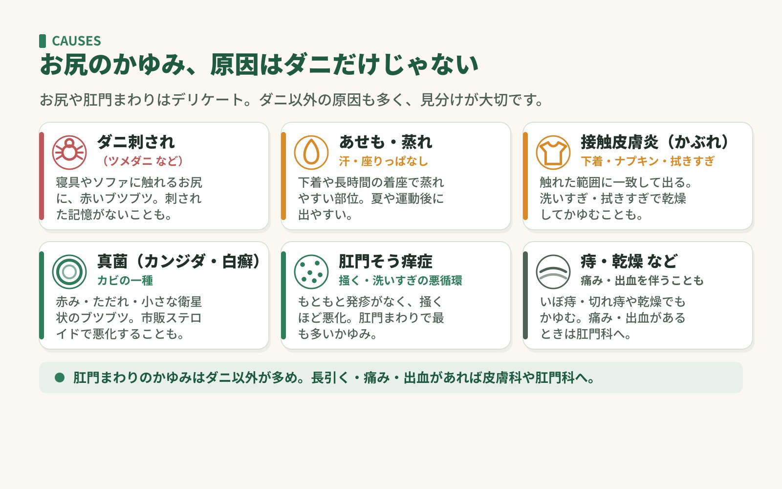 お尻のかゆみの主な原因を6つに整理した図。ダニ刺され・あせも蒸れ・接触皮膚炎・真菌・肛門そう痒症・痔や乾燥