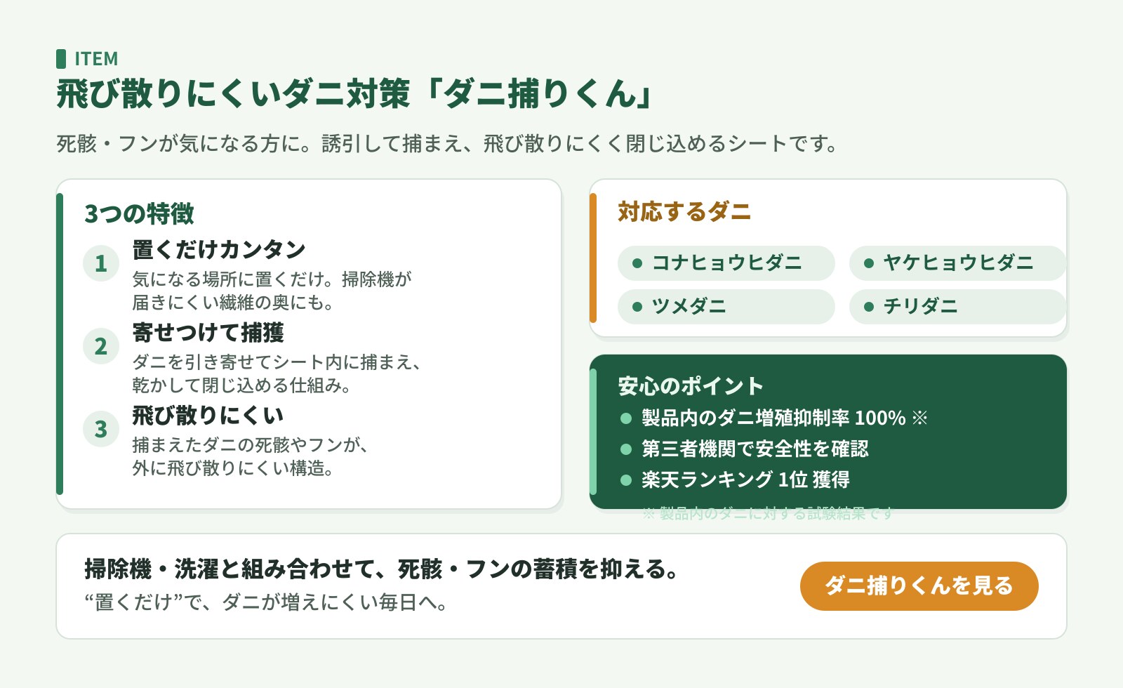 ダニ捕りくんの特徴。寄せつけて捕獲し飛び散りにくい、対応ダニ4種、製品内のダニ増殖抑制率100%（製品内のダニ）