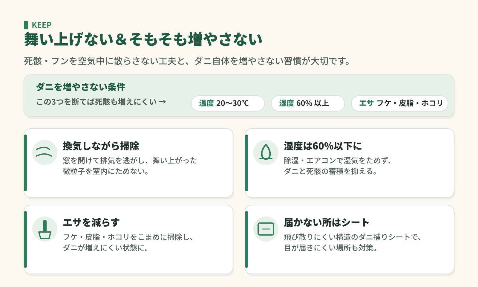 舞い上げない＆増やさない工夫。換気しながら掃除・湿度60%以下・エサを減らす・届かない場所はシート