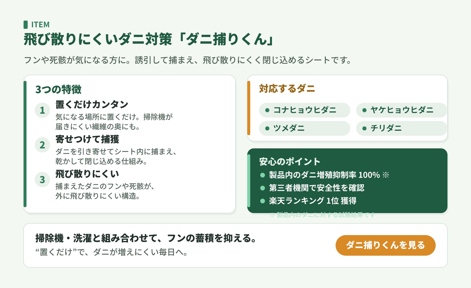 ダニ捕りくんの特徴。寄せつけて捕獲し飛び散りにくい、対応ダニ4種、製品内のダニ増殖抑制率100%（製品内のダニ）