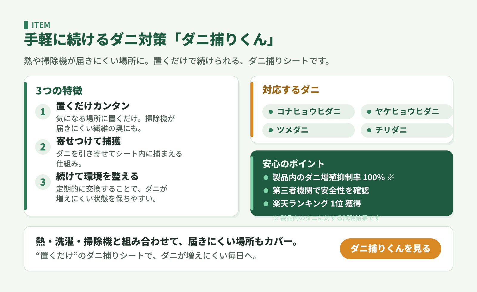 ダニ捕りくんの特徴。置くだけで寄せつけて捕獲、対応するダニ4種、製品内のダニ増殖抑制率100%（製品内のダニ）