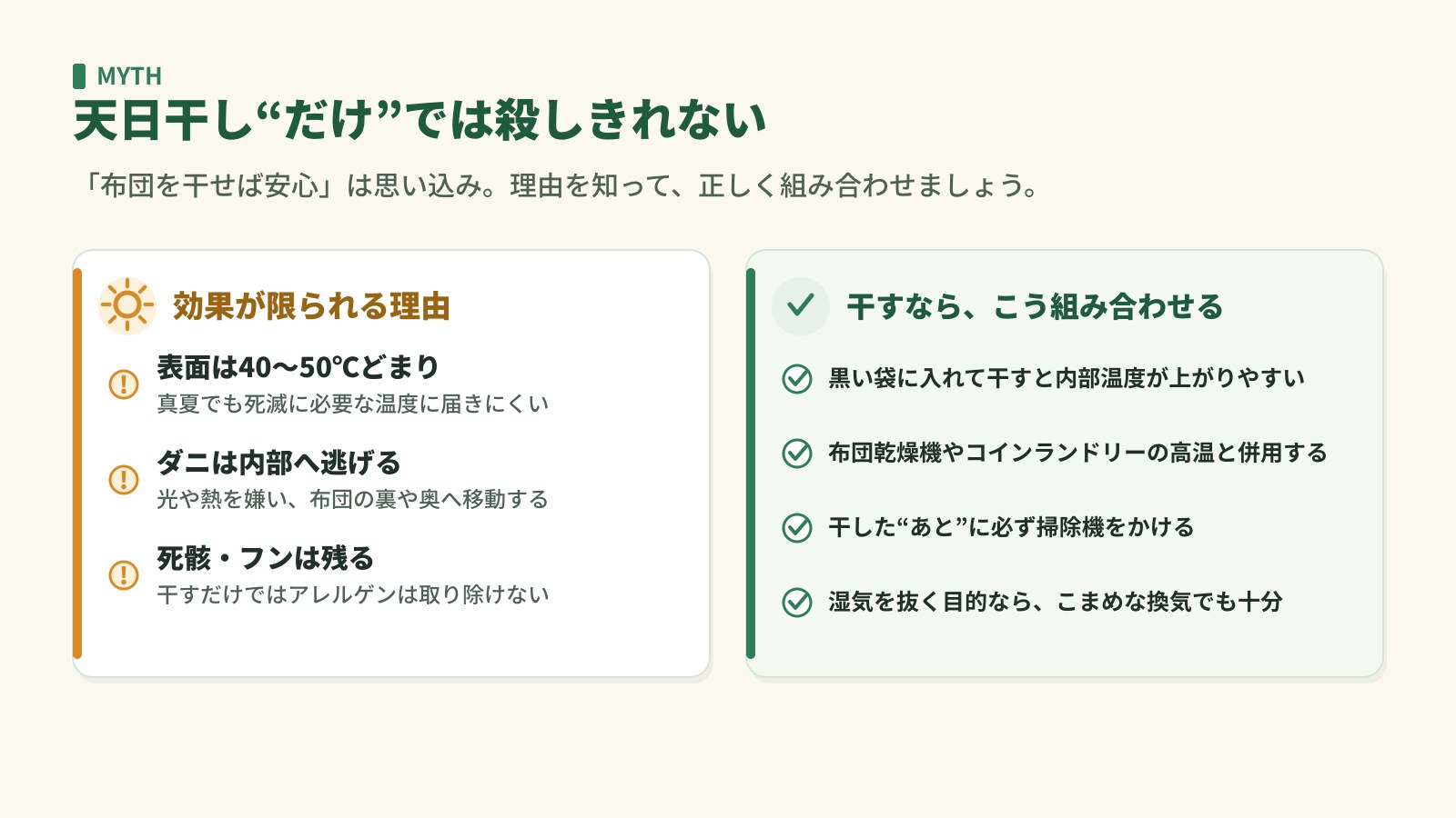 天日干しだけでは殺しきれない理由と、干すときの正しい組み合わせ方をまとめた図