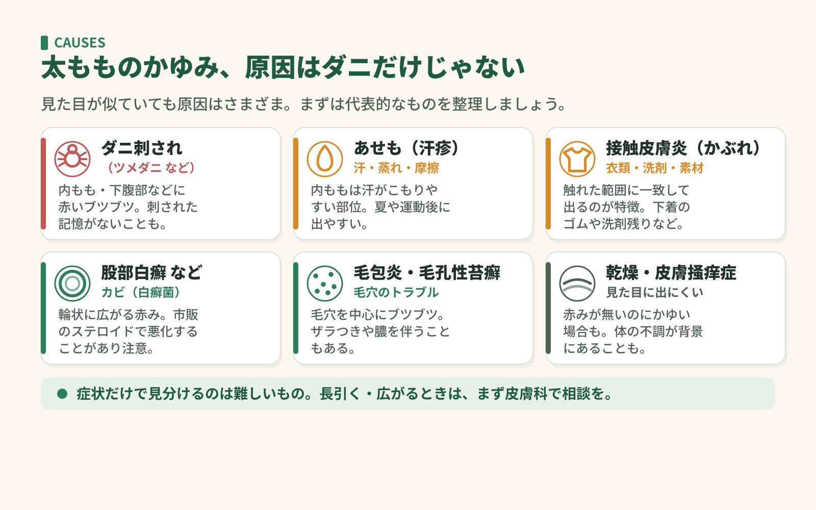 太もものかゆみの主な原因を6つに整理した図。ダニ刺され・あせも・接触皮膚炎・股部白癬・毛包炎・乾燥