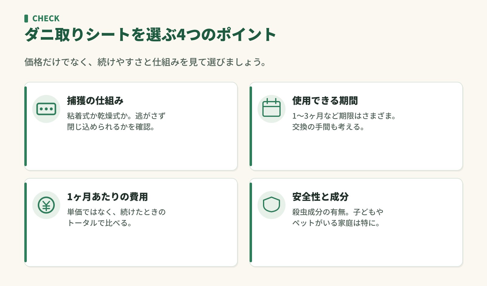 ダニ取りシートを選ぶ4つのポイント。捕獲の仕組み・使用できる期間・1ヶ月あたりの費用・安全性と成分