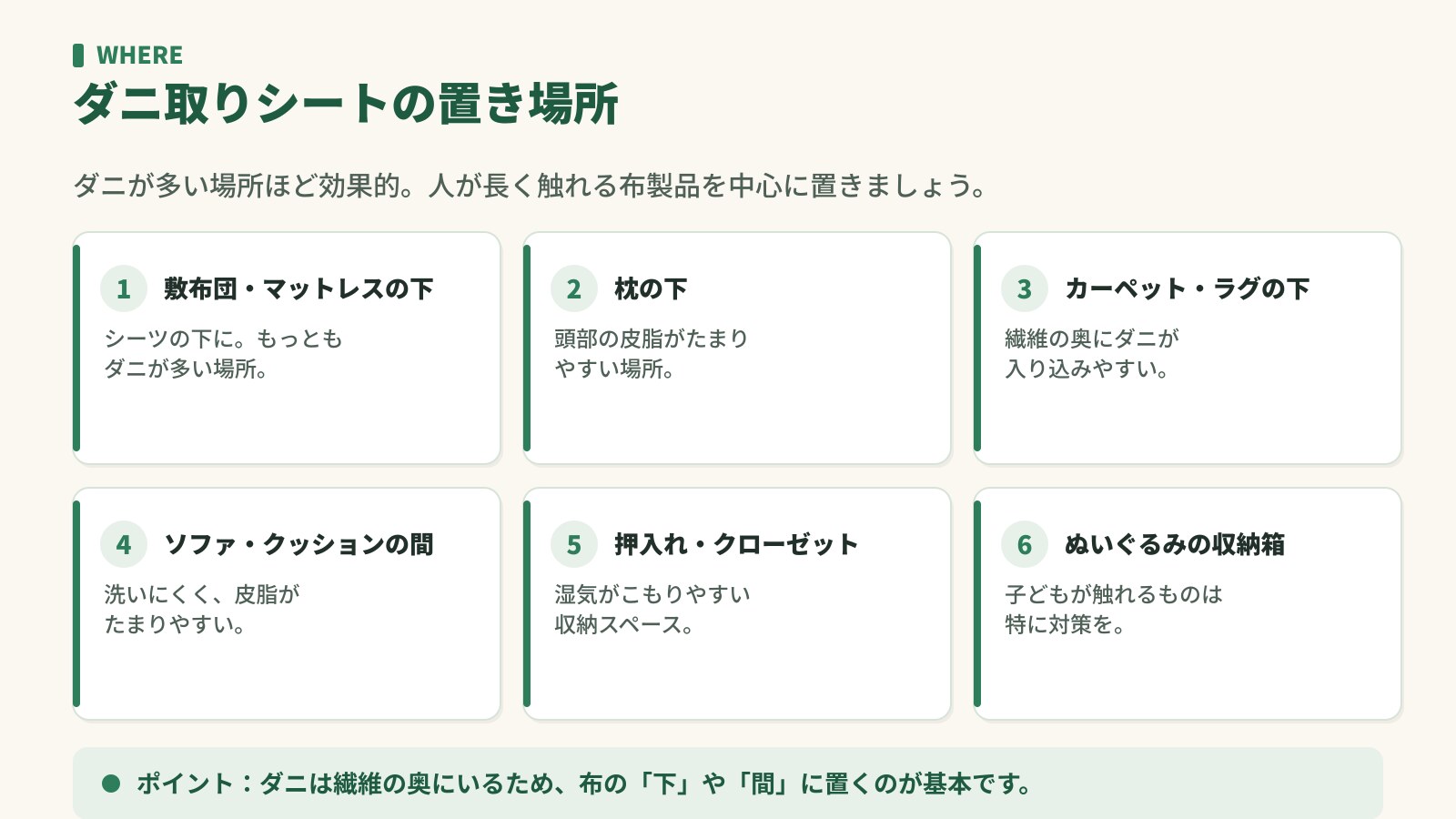 ダニ取りシートの置き場所。敷布団やマットレスの下・枕の下・カーペットの下・ソファの間・押入れ・ぬいぐるみの箱