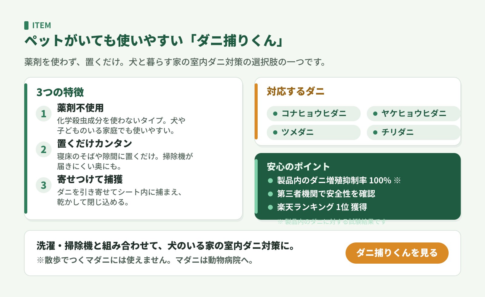 ダニ捕りくんの特徴。薬剤不使用・置くだけ・寄せつけて捕獲、対応ダニ4種、製品内のダニ増殖抑制率100%（製品内のダニ）