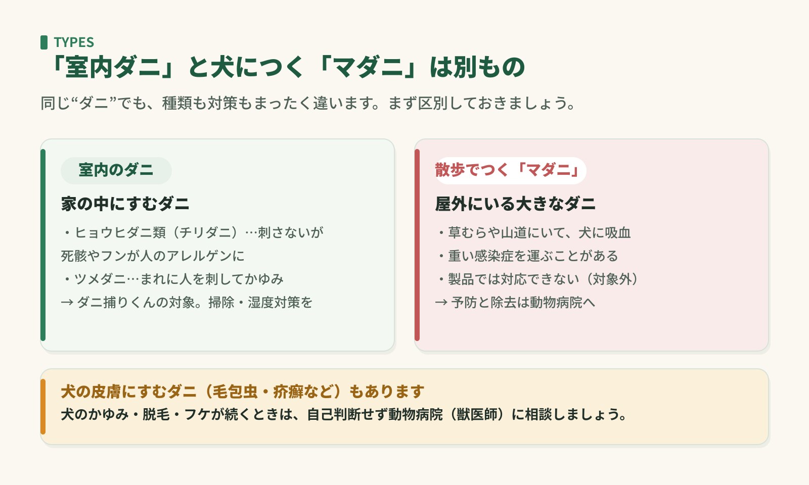 室内のダニ（ヒョウヒダニ類・ツメダニ）と、散歩でつくマダニ（屋外・動物病院）の違いを整理した図