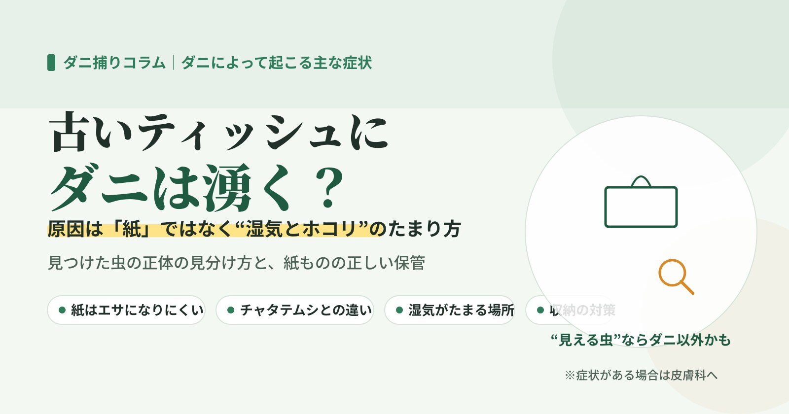 古いティッシュにダニは湧く？原因は紙ではなく湿気とホコリのたまり方であることを示したイラスト