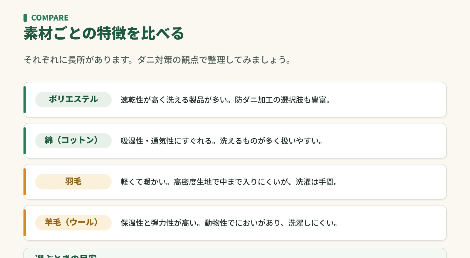 素材ごとの特徴の比較。ポリエステル・綿・羽毛・羊毛のダニ対策の観点からの違い