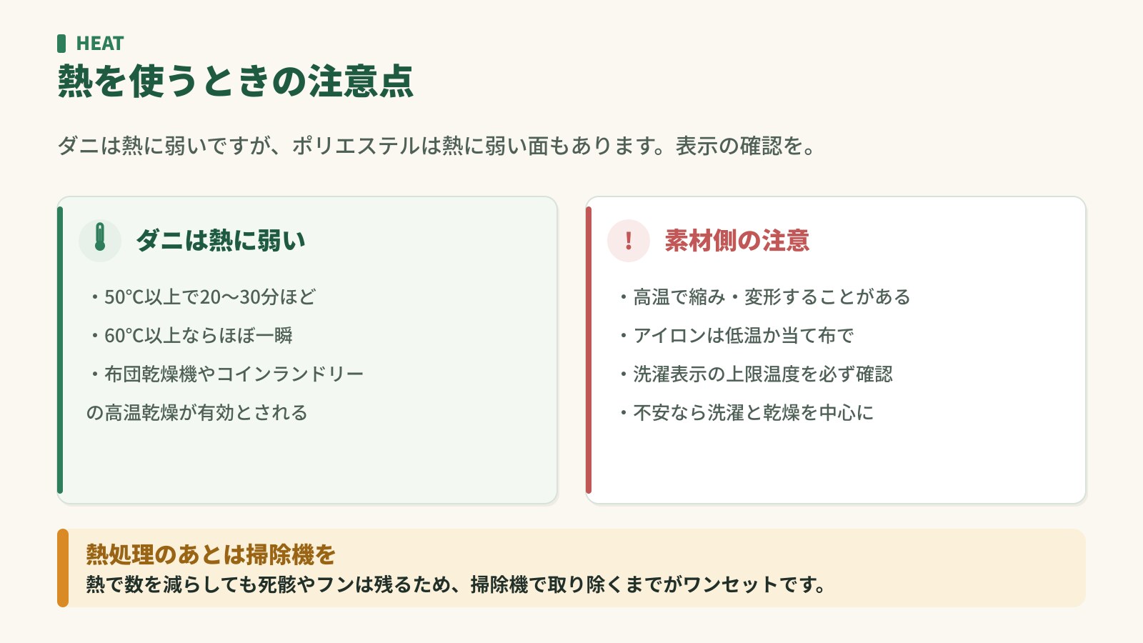 熱を使うときの注意点。ダニは50〜60℃で死滅するが、ポリエステルは高温で縮みや変形のおそれ