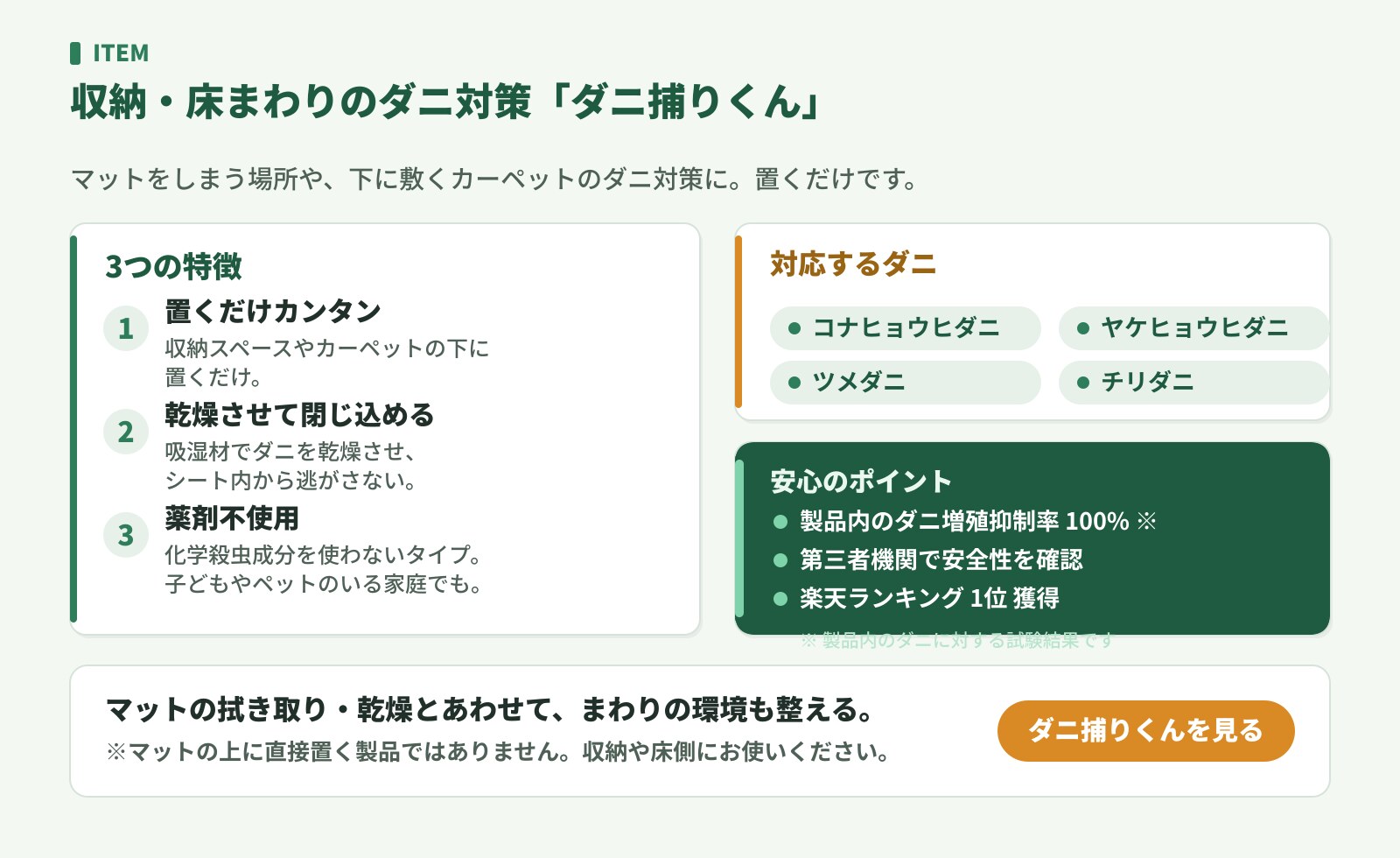 ダニ捕りくんの特徴。置くだけカンタン・乾燥させて閉じ込める・薬剤不使用、対応ダニ4種、製品内のダニ増殖抑制率100%(製品内のダニ)