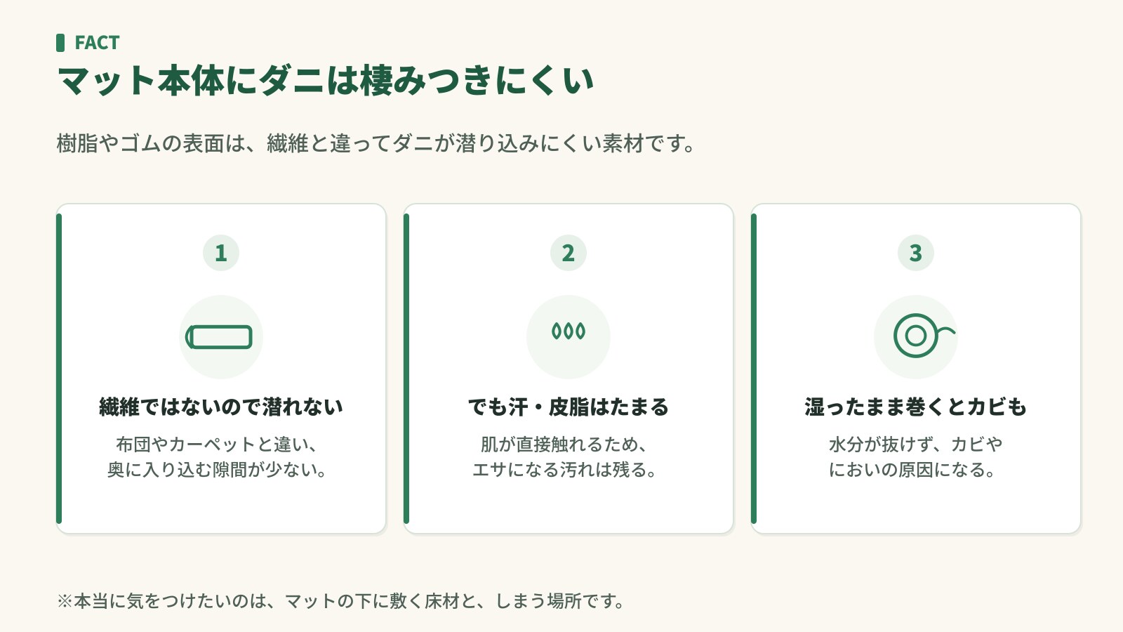 ヨガマット本体にダニが棲みつきにくい理由。繊維ではないので潜れない・汗や皮脂はたまる・湿ったまま巻くとカビも