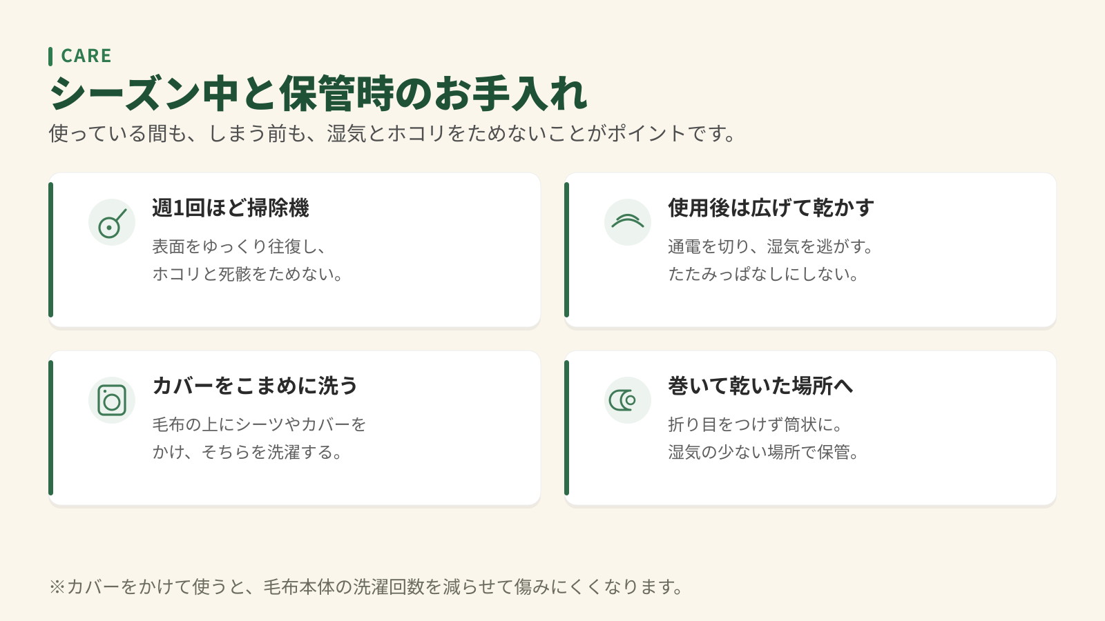 電気毛布のシーズン中と保管時のお手入れ4つ。週1回ほど掃除機、使用後は広げて乾かす、カバーをこまめに洗う、巻いて乾いた場所へ。