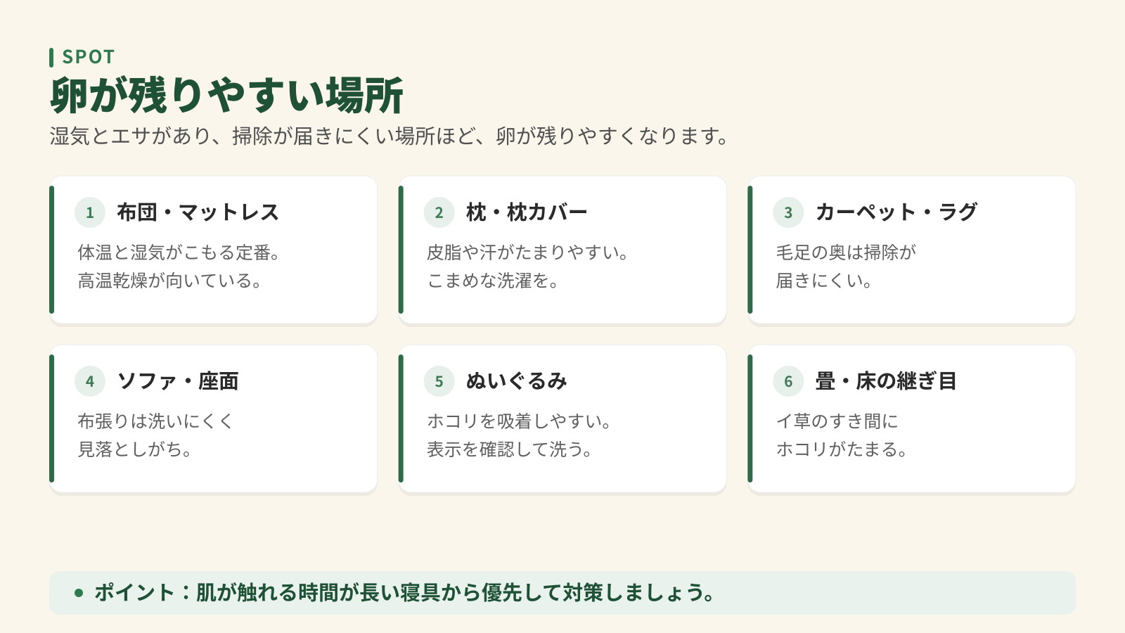 ダニの卵が残りやすい場所6つ。布団・マットレス、枕、カーペット・ラグ、ソファ、ぬいぐるみ、畳や床の継ぎ目。