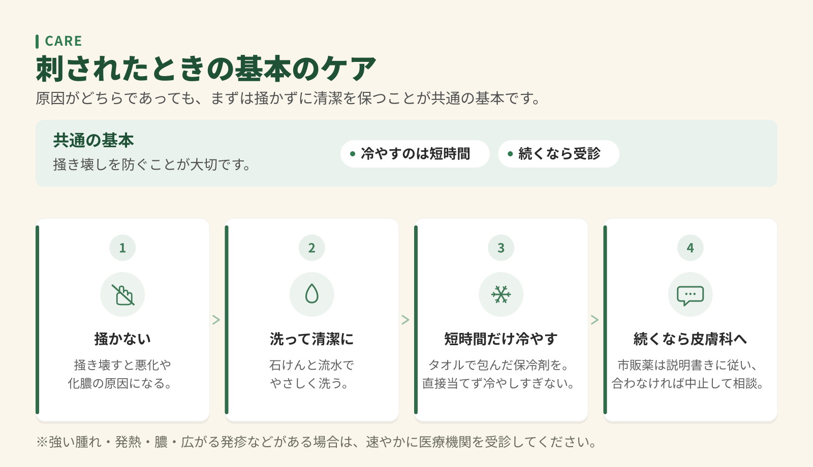 刺されたときの基本のケア4ステップ。掻かない、洗って清潔に、短時間だけ冷やす、続くなら皮膚科へ。