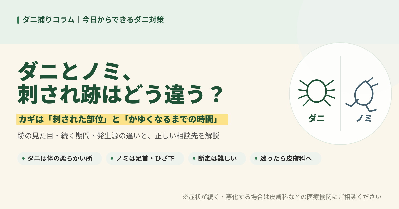 ダニとノミの刺され跡はどう違うのかを解説する記事バナー。刺された部位とかゆくなるまでの時間がカギと紹介。
